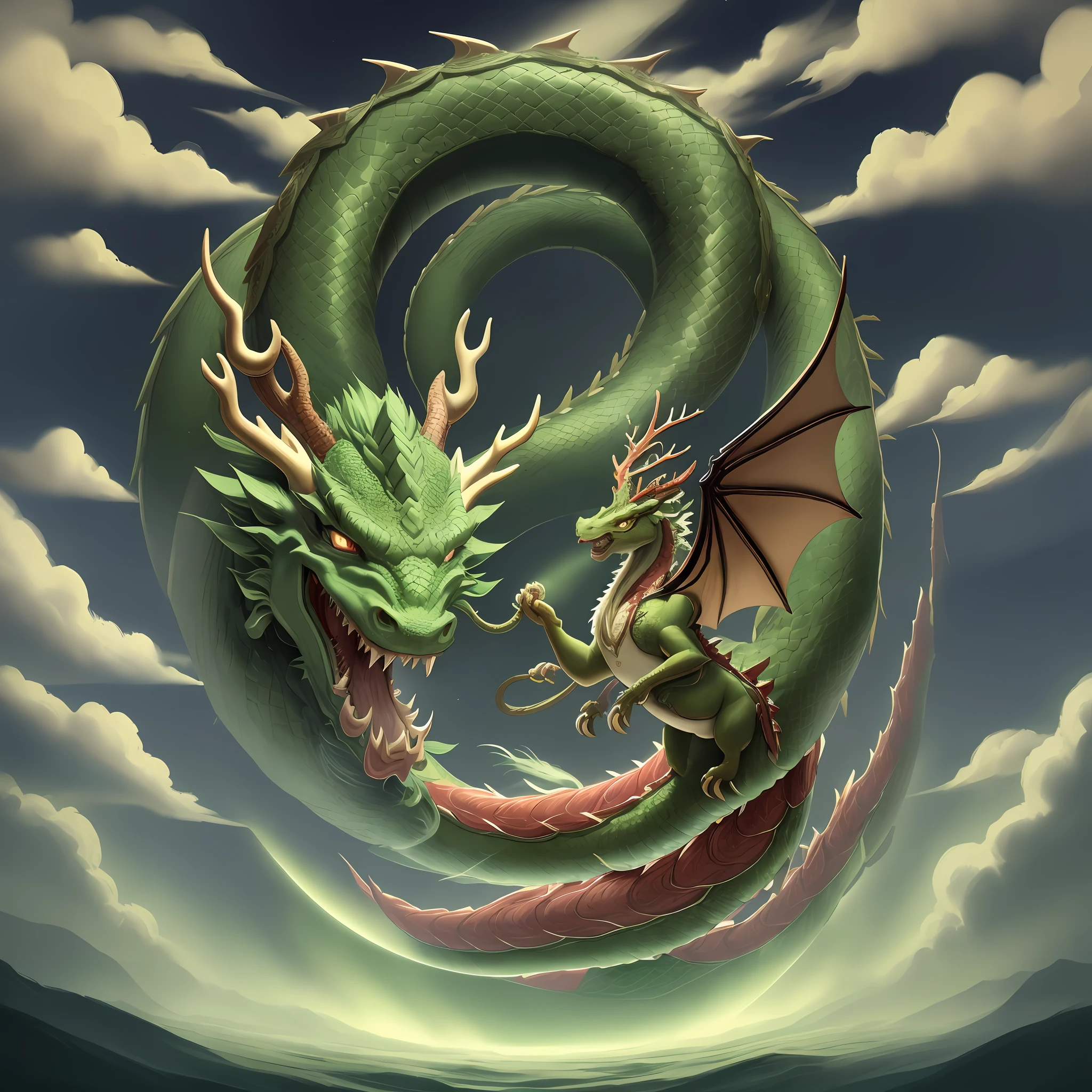 Chinese dragon, Chinese mythology, green dragon, dragon head facing the camera, head like an ox, long dragon horns (horns like a deer), eyes like shrimp, shining with gods, super long dragon whiskers (1.2 meters long), fangs, roaring, dragon groan, belly like a snake, circling, hovering in the clouds, clouds and mist. High quality, very detailed, masterpiece, epic