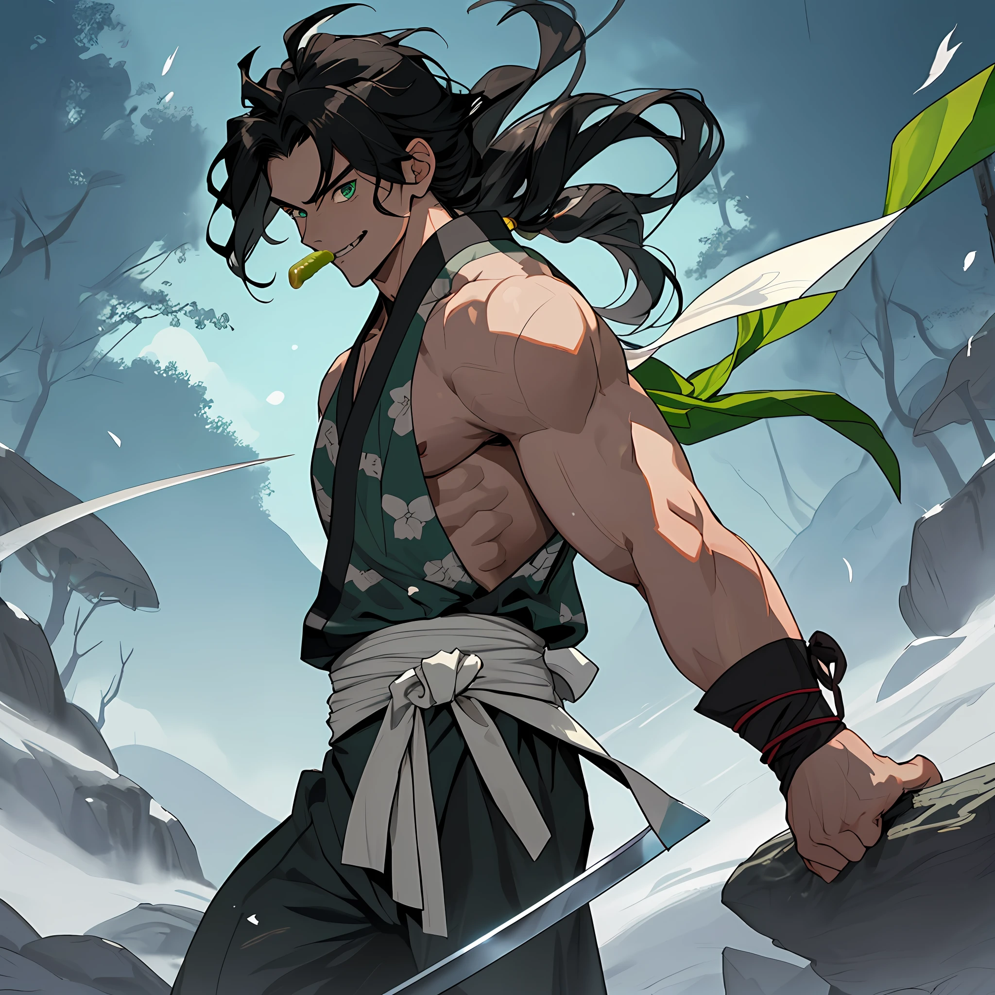 best quality (katana: 1.4), serious,(at night: 1.4), a single 16-year-old who has long black hair that is loose to the winds, and poured down his body, smooth and shiny, which fall gently to his back. Your hair is thick and has a healthy appearance, your hair is large and not stuck, contrasting with your fair skin. The young man's eyes are deep and emerald green, intense as two light pearls. They reflect calm and an inquisitive curiosity. With his upright posture, the young man shows a confident bearing and a cheerful and hyperactive aura. He is shirtless and underneath wears the underside of a white and light green kimono with blue-green accents with printed grey clouds, with a large yellow ribbon at his waist, sleeveless, made of a quality fabric. giving him the look of a swordsman. At his waist, he carries a white katana with gray details on the blade. The long, sharp blade is made of polished steel, reflecting light. The katana grip is wrapped in black leather, offering a firm and secure grip. The scabbard of the sword adorned with demonic symbols. He's on a rocky mountain feeling the wind. The trees sway in the background. He's eating an avocado. Kimetsu no Yaiba style, alone, 1boy, a little muscular, demon slayer style, loose hair, petulant look, smiling, tall, confident, only 1, hair shed, hair loose and big, demon slayer artstyle, full body