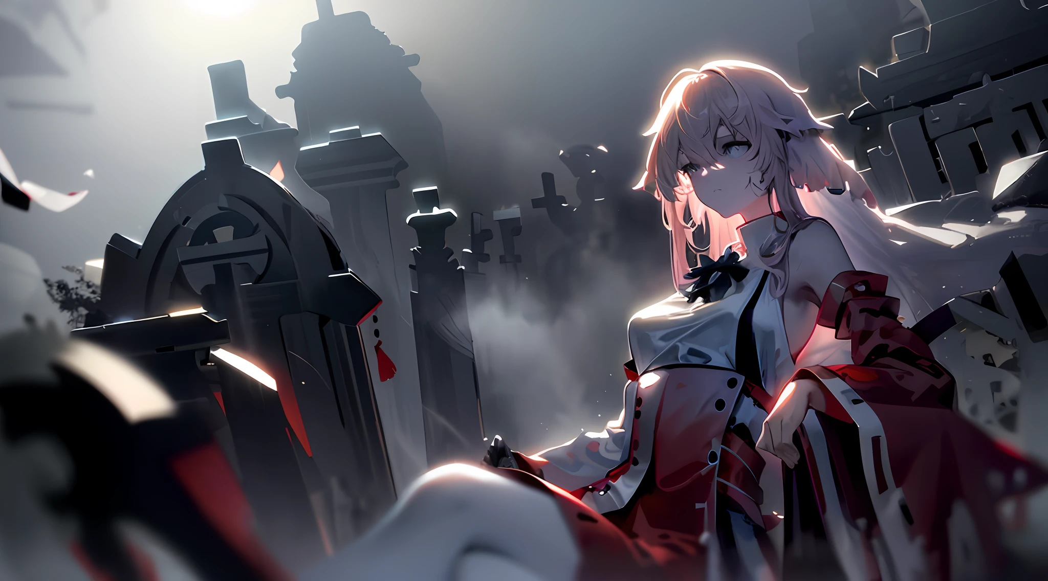 (extremely detailed and photorealistic CG), incredibly haunting and ghostly,(1ghostly apparition),transparent, ethereal and floating,(misty and foggy atmosphere),beautiful and gothic tombstones surrounding the grave site, (spooky and eerie vibes)