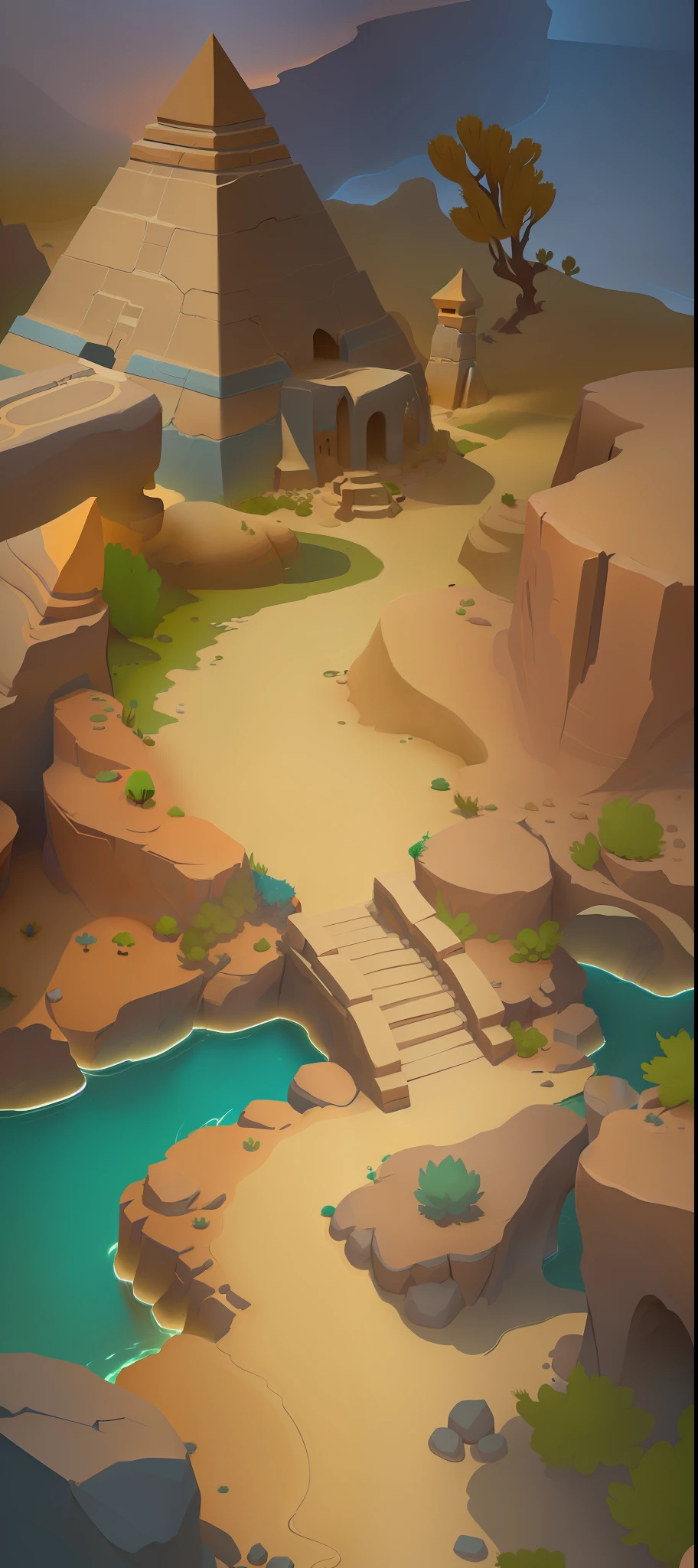 there is a small bridge crossing a small stream in a desert, desert oasis background, stylized concept art, mobile game background, canyon background, stylized game art, desert oasis, arena background, background art, mobile game art, cave town, canyon, oasis in the desert, background artwork, stylized shading, simple stylized, cliffside, detailed game art