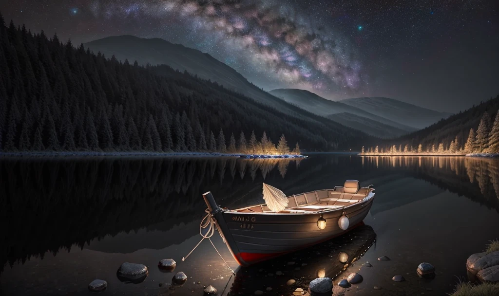 boat on lake, rocks, night, milky way, reflection in water, synthwave, vortex, authentic landscape, intricate details, extremely detailed, shale-gray atmosphere, Julie Mehretu,Brian Oldham,Patrick Dougherty