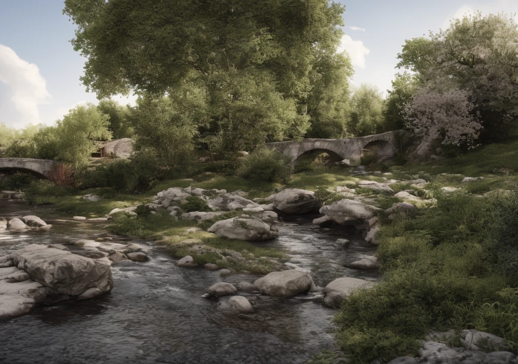 spring, night, garden, lake, stone bridge, peach blossom, trees, flowing water, landscape, outdoor, grass, rocks, (illustration: 1.0), epic composition, realistic lighting, hd detail, masterpiece, best quality, (very detailed CG unity 8k wallpaper), clay texture, clean background, natural light, best quality, hyper detail, 3d art, c4d, blender, oc renderer, 3d rendering, 8k