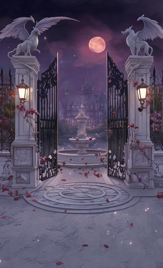 In the background there is a gate with clock and statues, palace background, fairy tale style background, background art, stunning mystery background, background artwork, beautiful fairy tale rendering, royal garden background, beautiful artwork illustration, beautiful detailed fantasy, entrance to the ethereal realm, highly detailed digital painting, highly detailed official artwork, fairy tale place, dream background, mist