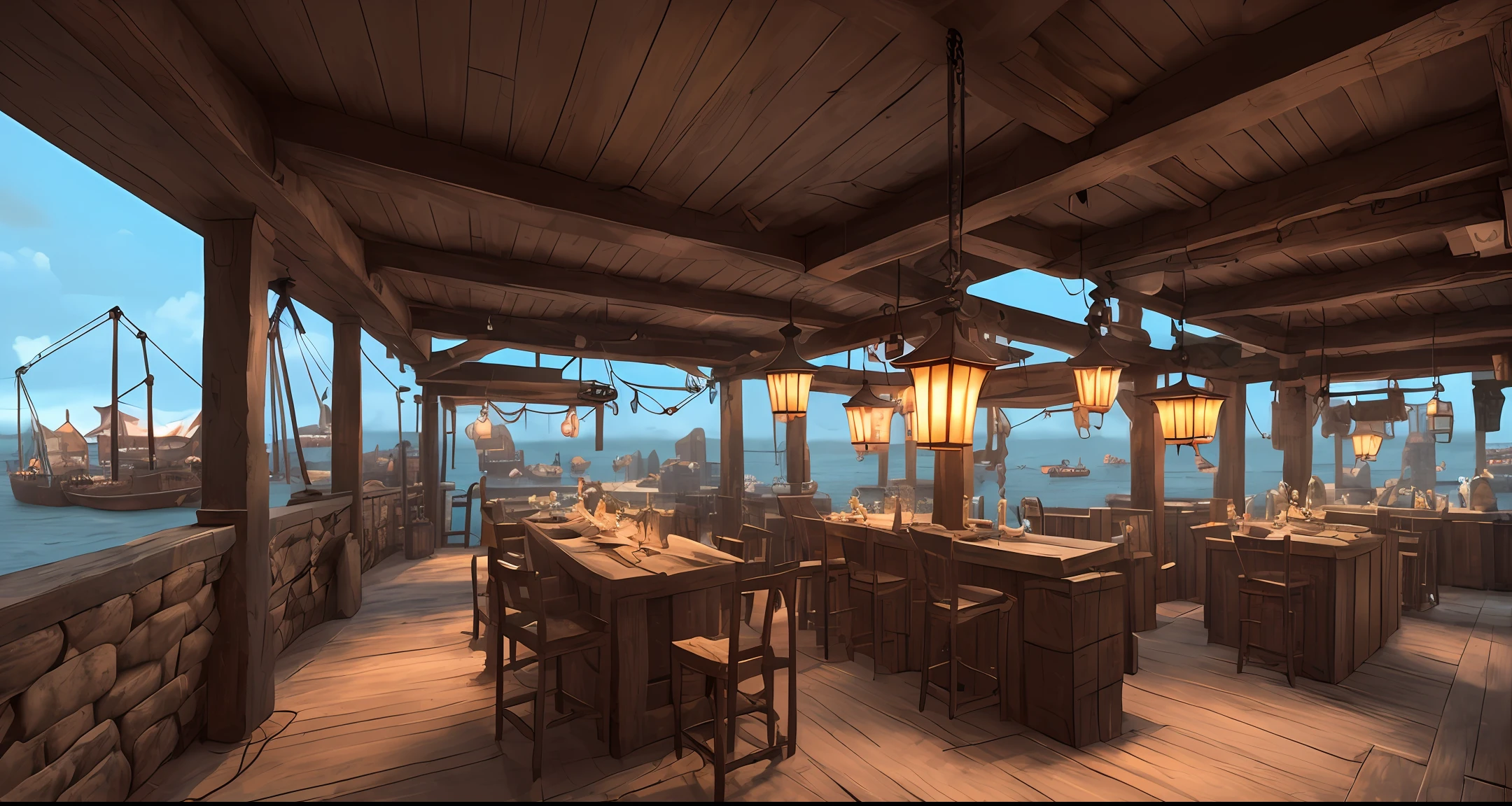 set design (an old tavern overlooking a primitive port, lamps, wooden boxes and cranes) 8K