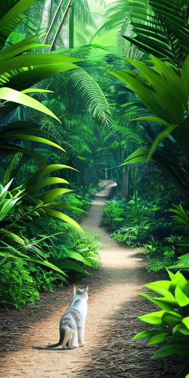 Beautiful cat lives in a jungle, walking by a shiny blue forest, 3D rendering, high quality