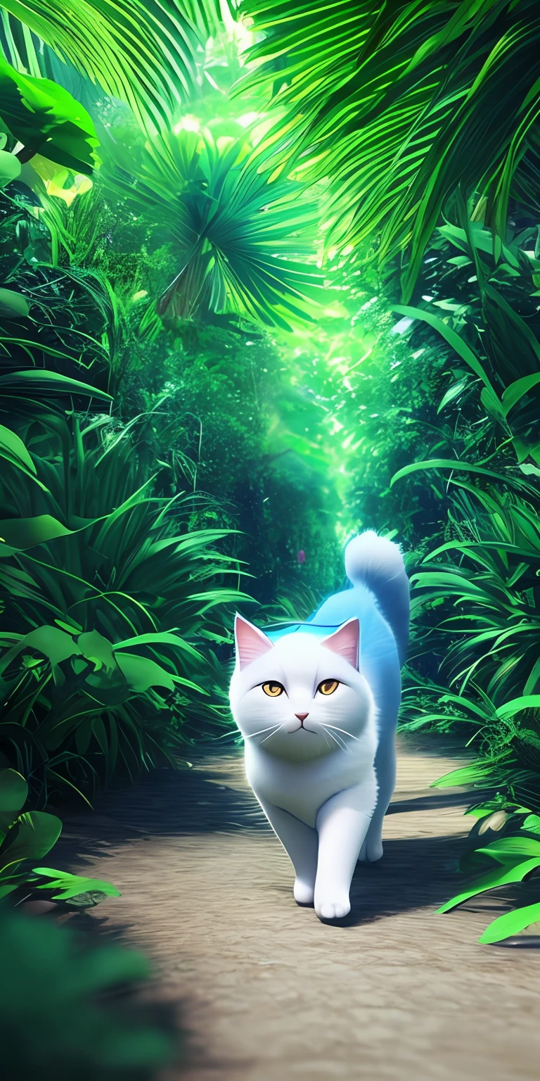 Beautiful cat lives in a jungle, walking by a shiny blue forest, 3D rendering, high quality