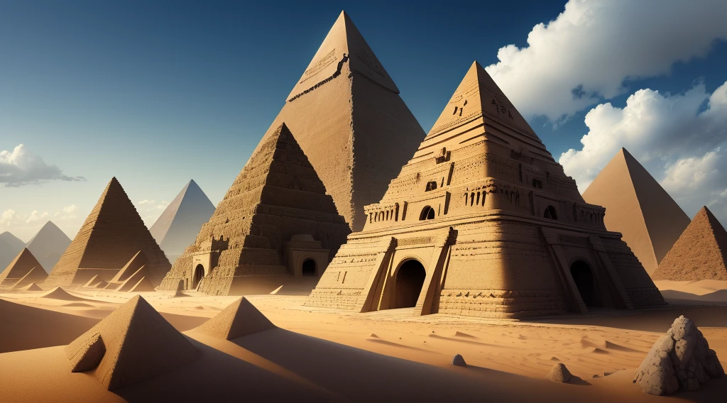 landscape with pyramids and mythological monsters around