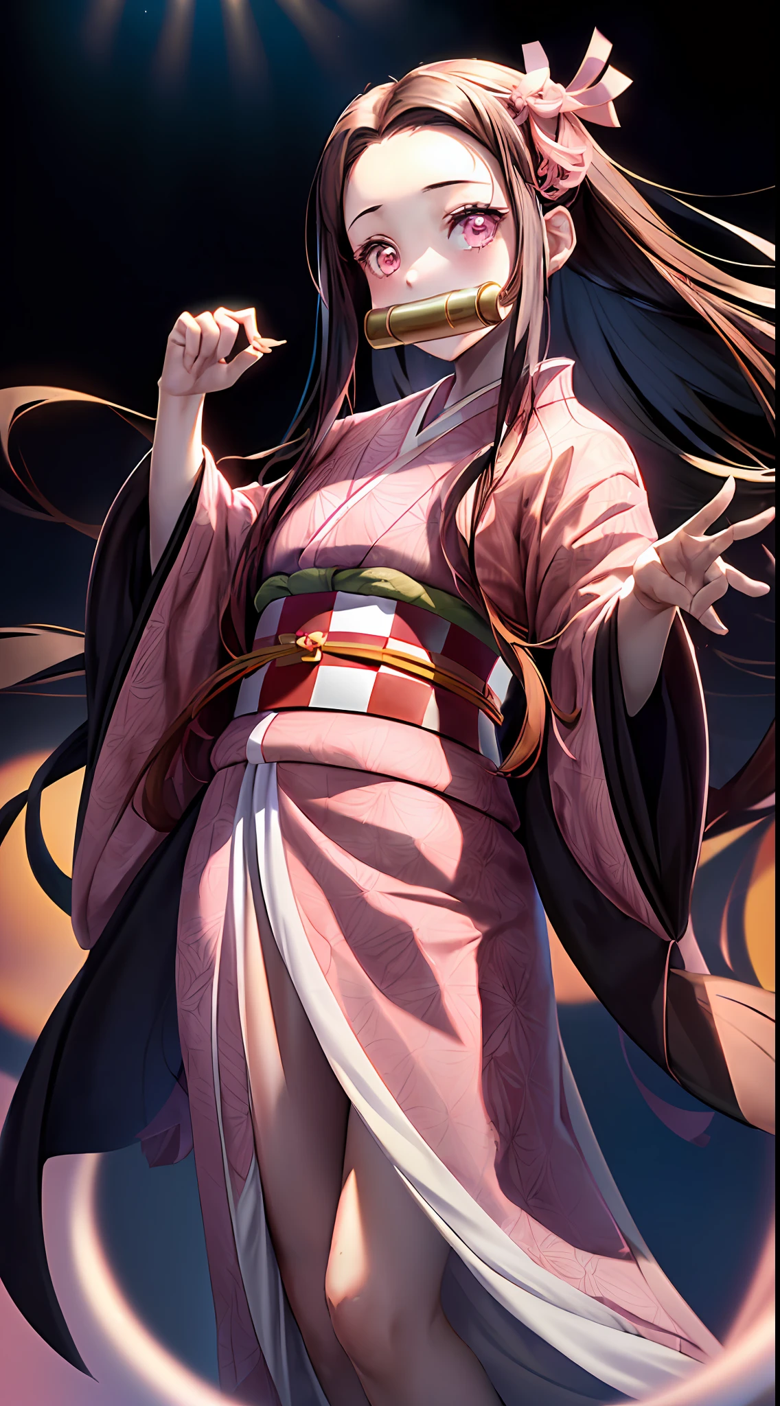 Masterpiece, best quality, high resolution, venus1, 1girl, solo, kamato netzuko, bamboo, brown hair, (((pink ribbon)) checkered belt, gag, gag, gradient hair, haori, japanese clothes, kimono, long hair, looking at the audience, pink eyes, pink kimono, pink ribbon, solo, standing, posing