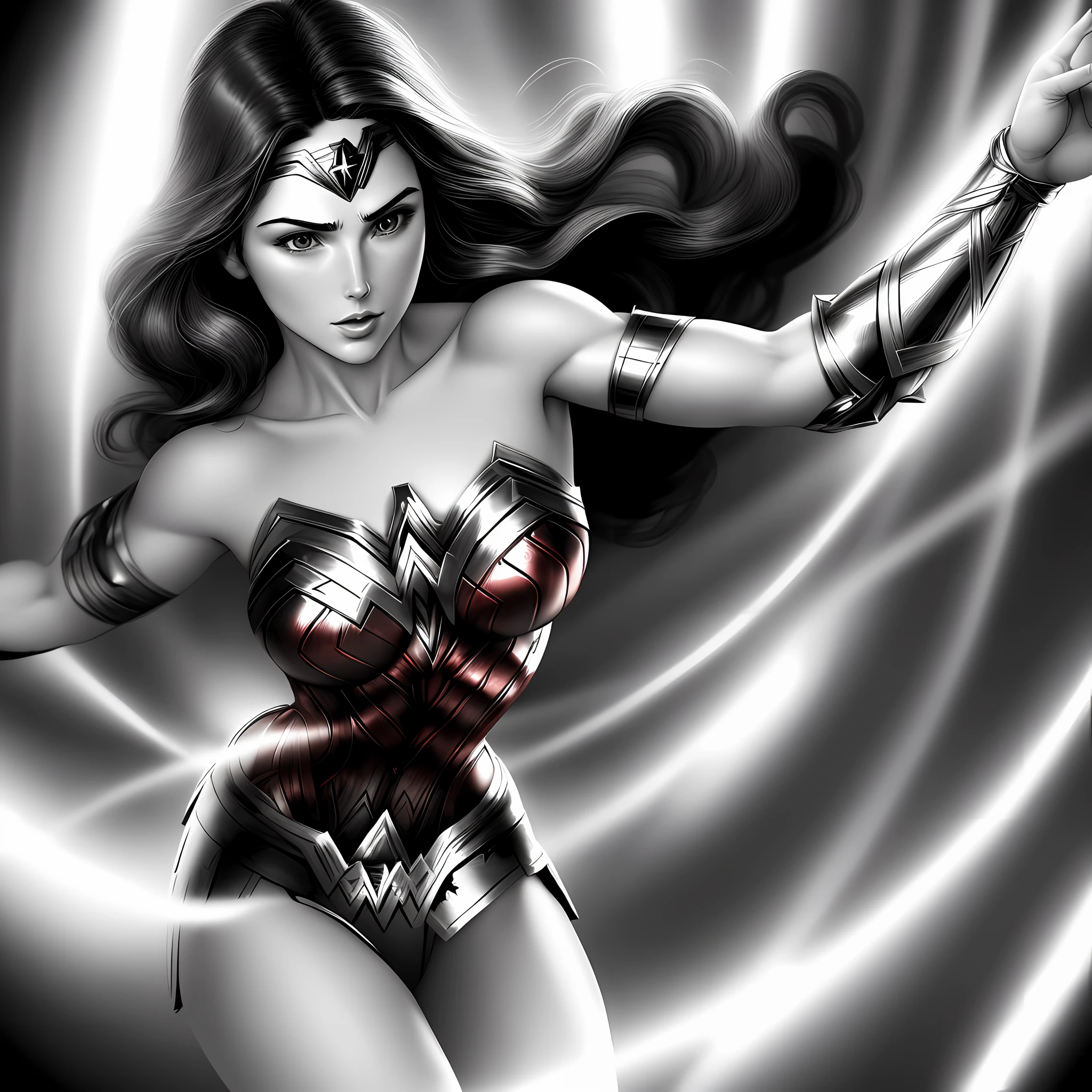 ultra-detailed, high quality, a hand-drawn version (lineart) of Wonder Woman, with Italian strokes, white and oval skin drawing (cartoon). The pose is dynamic, the light is soft, the background is in a fantasy atmosphere, with vibrant colors highlighting the beauty of the character, (black and white)."