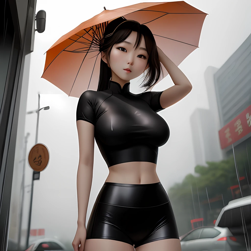 Pretty chinese girl who have perfect body,wearing tight shirt in the rain