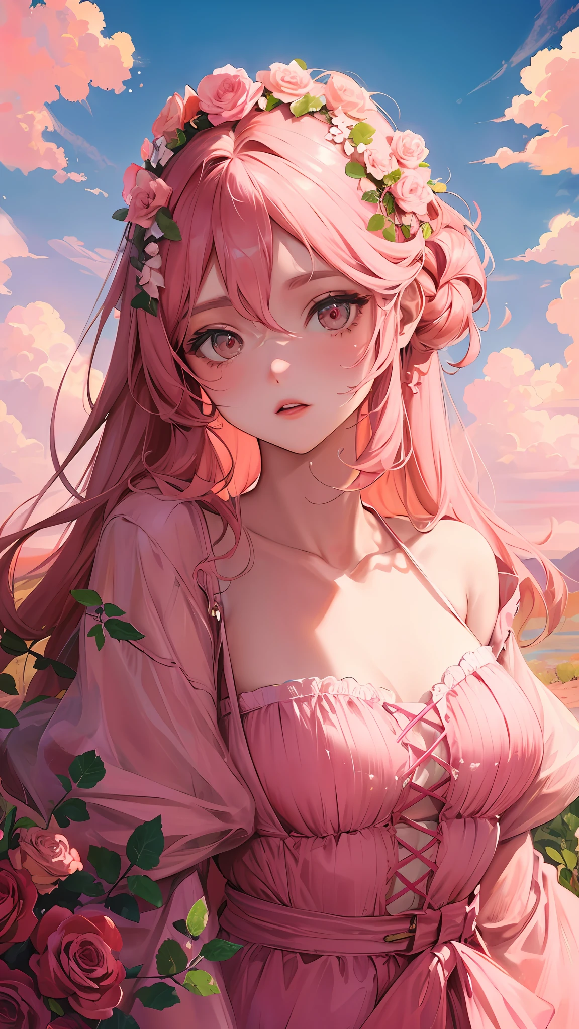 Summer, desert, pink clouds, a land overgrown with roses stands beautiful girl, James Gurney, art station rendered, ultra-wide lens, high definition