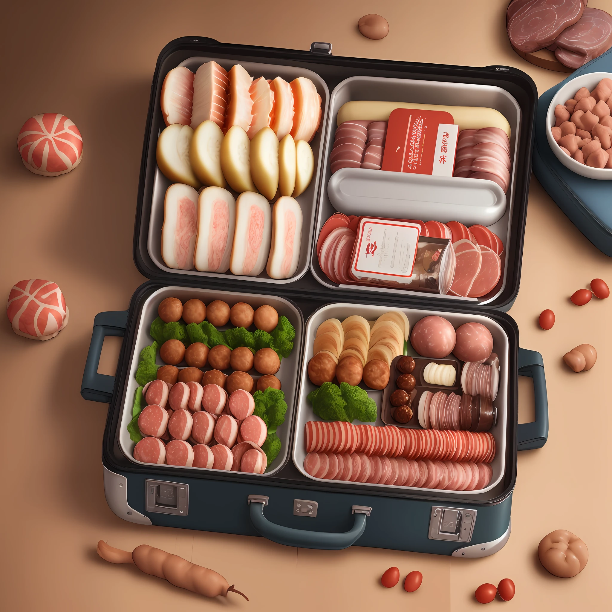 Suitcase advertisementt, suitcase inside there
are a lot of food, beef meaatballs, pig meatballs,
live eel, mother brand preeserved vegetables,
winter vegetables, sausaage, cured meat, cured
fish, dried beans, minimalist vector cartoon style,
plane vector, hand-paintted, accurate perspective,
Indonesian art, Windows vista, --ar 3:4
