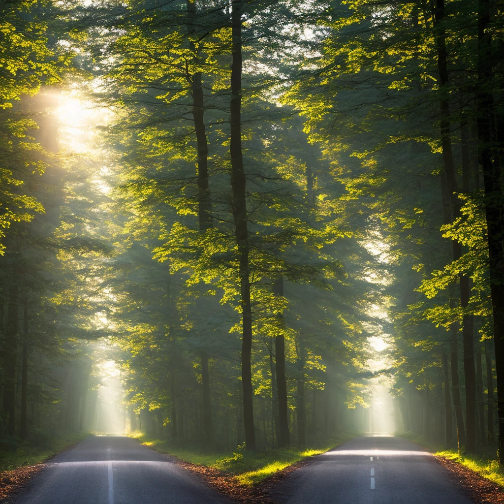 A deer standing at the end of the road inside a forest, a beam of light shine upon the deer, calm, peaceful, harmonious environment