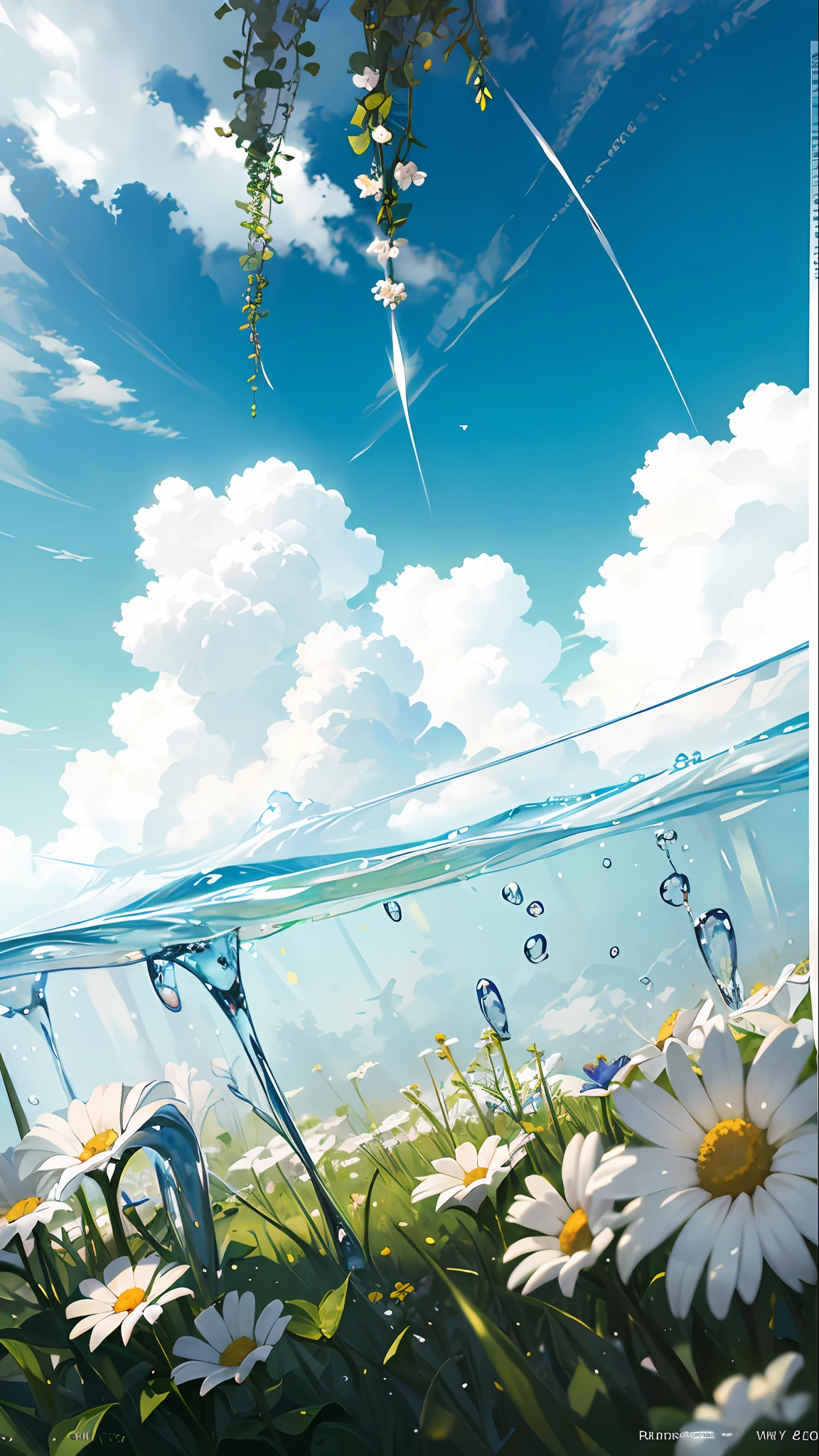 Summer, meadows, a few small flowers, heavenly views, large clouds, blue skies, hot weather, HD detail, wet watermarks, hyper-detail, cinematic, surrealism, soft light, deep field focus bokeh, ray tracing, and surrealism. --v6