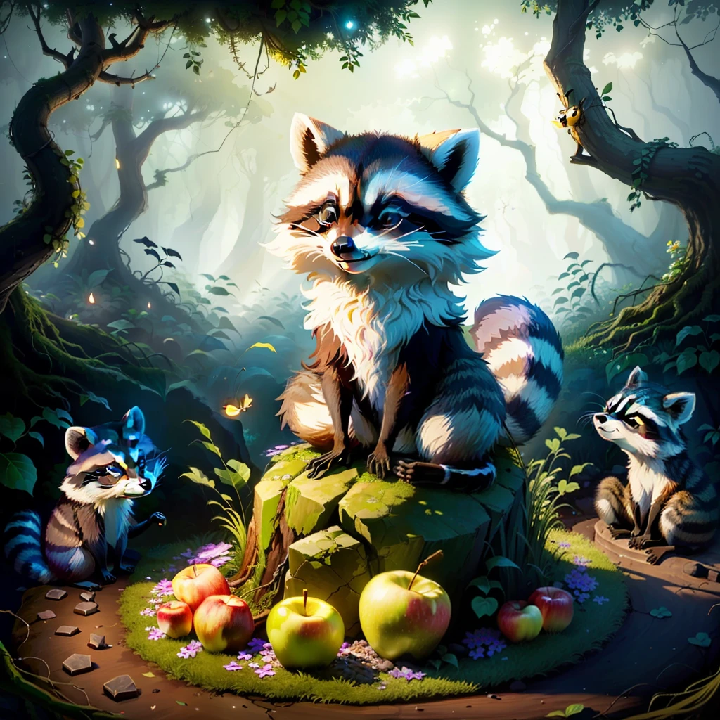 Raccoon sitting on a rock as an anthill, in the forest, tendrils, apples lying around, fireflies, idyllic, flowers, ants everywhere masterpiece, beautiful, 4k, realistic cartoon, mega realistic, scaled, centered