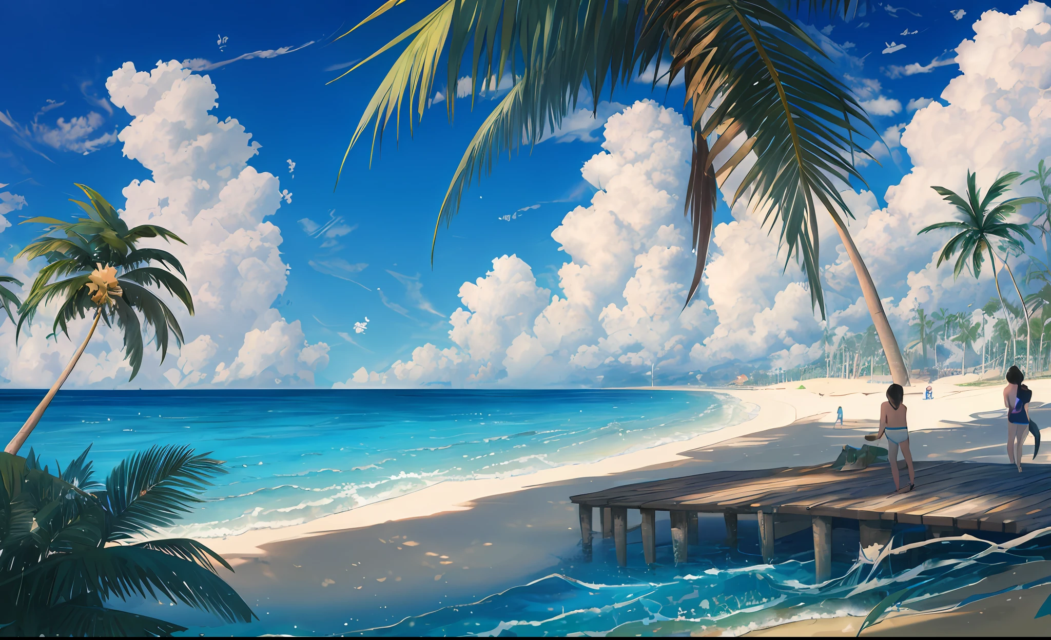 ConceptArt, beaches, landscapes, there are girls in swimsuits, there are people swimming by the sea, daytime, coconut palms in the distance, clouds, outdoors, nature, rivers, blue sky