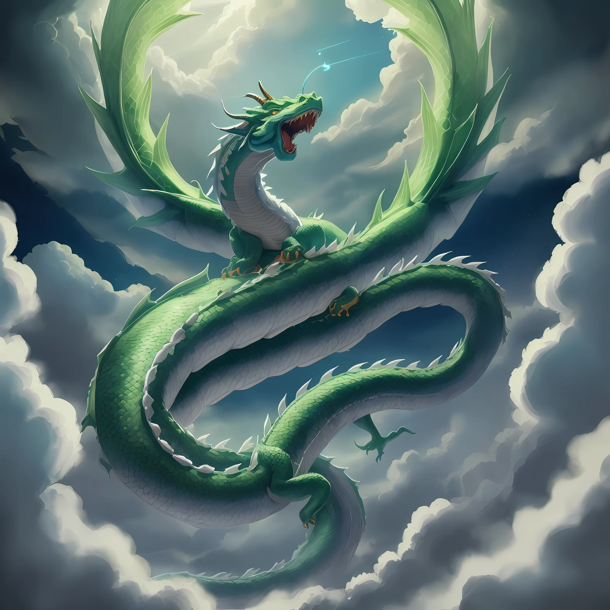 Majestic Chinese Dragon, Smooth Chinese Dragon, Chinese Dragon, Inspired by Yoshiya Utagawa, Cyan Chinese Dragon Fantasy, Chinese Dragon Concept Art, by Kanō Tan'yū, Sea Serpent, Inspired by Utagawa Kuniyoshi, Chinese Dragon, Four Feet, Five Claws, Green Dragon, Green Dragon, Dragon Head Facing the Camera, Long Horn, Long Dragon, Super Long Dragon Whiskers, Long Dragon, Hovering, Hovering in Clouds, Cloudy Circle, Fangs, Roar, Dragon Groan. Mythical, epic lighting, (photo realism: 1.2), high quality, very detailed, masterpiece, epic