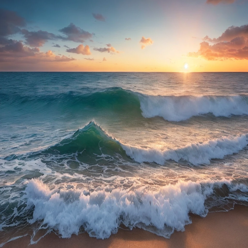 landscape, ocean with sunset background, detailed cover illustration, amazing wallpaper, sky full of color, highly detailed digital art, wave detail, chiaroscuro, cinematic lighting, divine ray, diffraction spike, f/16, perspective, chiaroscuro, cinematic lighting, flash, ray tracing, high detail, Carl Larson, ultra wide angle, masterpiece, award-winning, high quality, high detail, super detail, best quality, 16k, high resolution