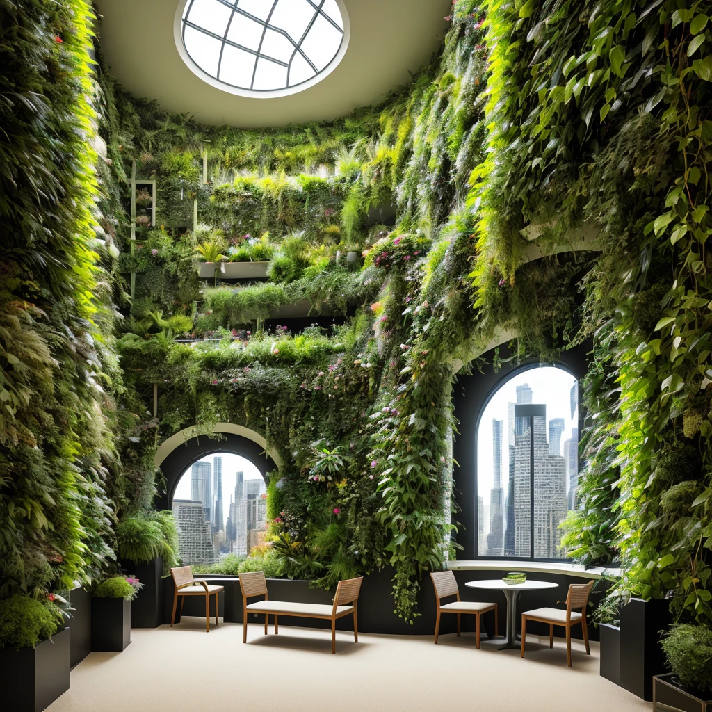 ultra hyper realistic award winning inside indoors a small room indoors closeup falling gardens flowering vines whimsical green abstract modern curvy wavy shape archways organic layered textures low ceilings with large circular moss balls on floor and walls green grassy carpet floor of versus sizes growing on the side with very small tiny windows seeing skyscrapers of NewYork city outside people walking around, people sitting down reading books dramatic, dark, sharp focus, 8k