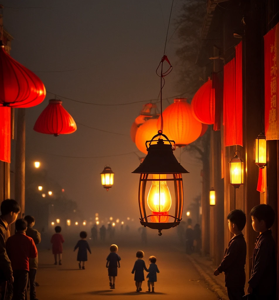 On a red background, there is a paper cutout of a hand holding an old-fashioned kerosene lamp, inside the lampshade are communist hammers and sickles, and children carry and hold lanterns and walk along the road to Tiananmen