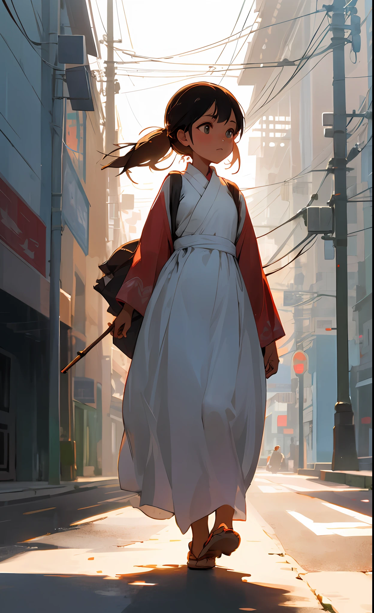 Myanmar girl walking on the street, Myanmar dress, soft lighting
