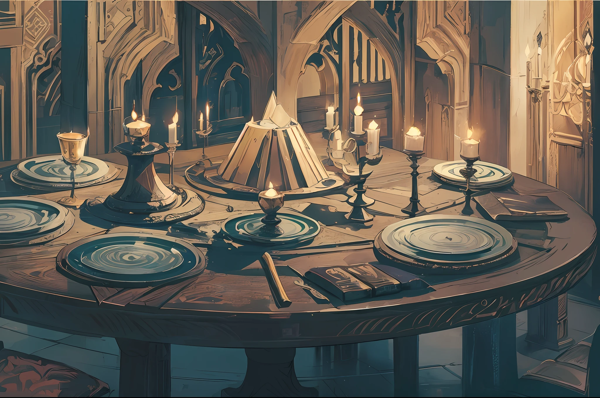 The medieval church dining room is a tall and spacious room supported by four huge stone columns. The interior of the restaurant is brightly lit, surrounded by mysterious paintings on the walls, and in the center of the restaurant is placed vertically (((four long tables)), each long enough to accommodate hundreds of people. , thousands of candles floating in mid-air above the table illuminate the restaurant, magic. On the four long tables, the college plates and cups are neatly arranged. On the top table of the restaurant is another long table, a spectacular, warm and mysterious place. , Fantastic Fantasy 2 D Concept Art, Painting Concept Art, Fantasy Concept Art, Concept Art Amazing Atmosphere, Concept Art Style, Fantastic Concept Art, Inspired by Andreas Rocha, Concept Art Magical Highlights, Medieval Concept Art, --v6