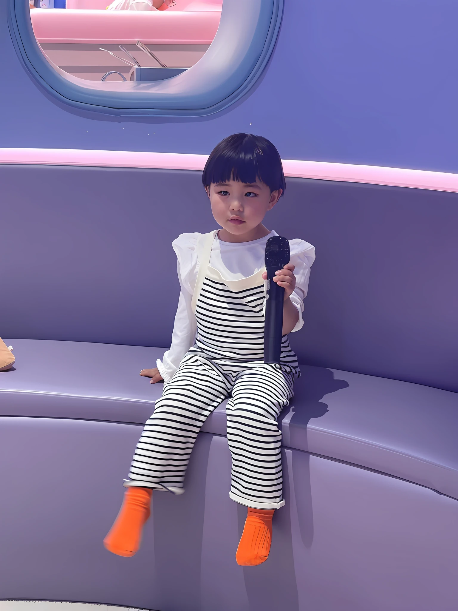 There is a girl sitting on a purple bench, very cute and boyish, 2 years girl in horizontal striped suspenders, Katelynn mini cute style, Pixar style
