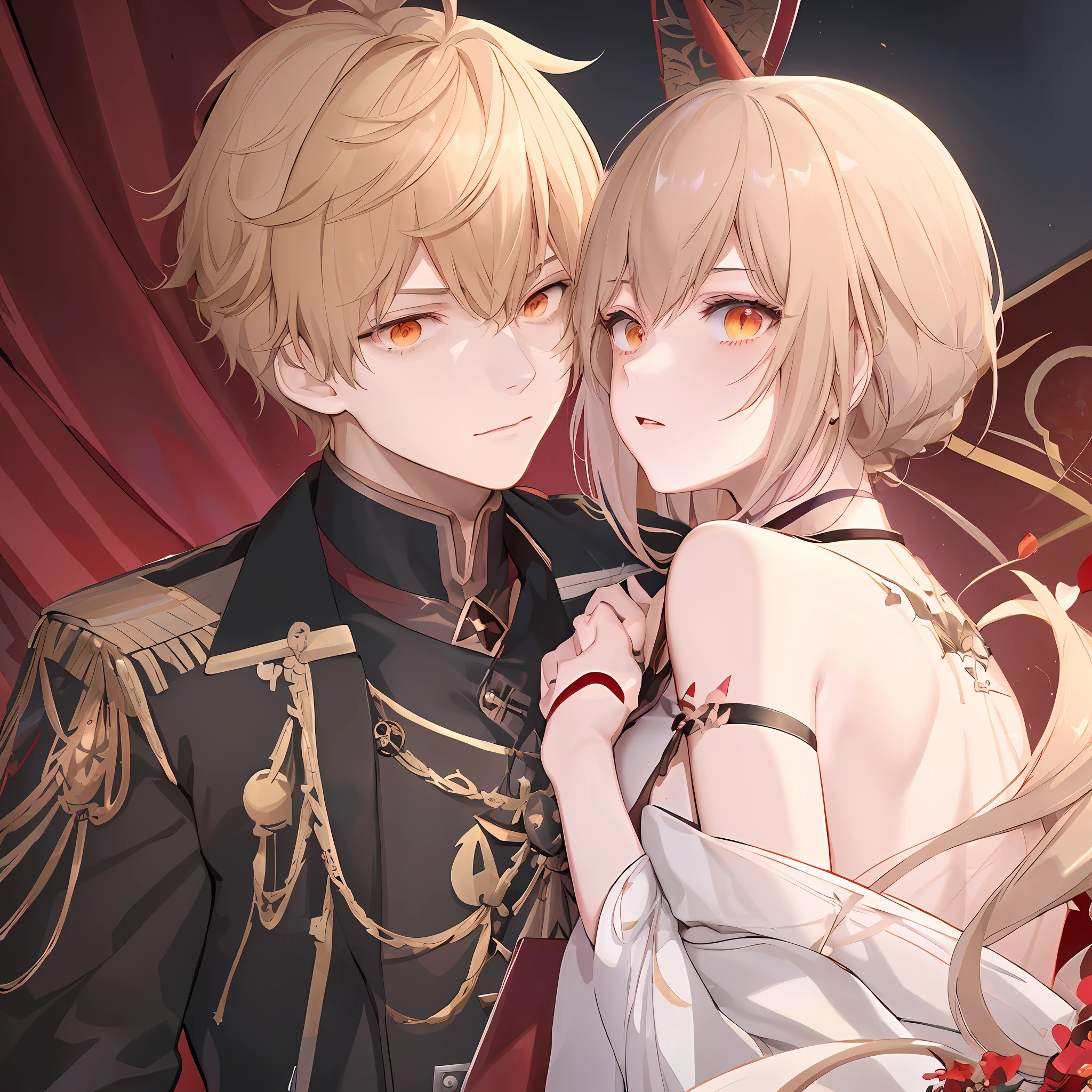 anime couple in uniform posing for picture in front of red curtain, from girls frontline, zerochan art, fine details. girls frontline, detailed key anime art, wlop and sakimichan, girls frontline style, delicate androgynous prince, zerochan, beautiful androgynous prince, kawacy, genshin, girls frontline cg, royal portrait, ultra detailed