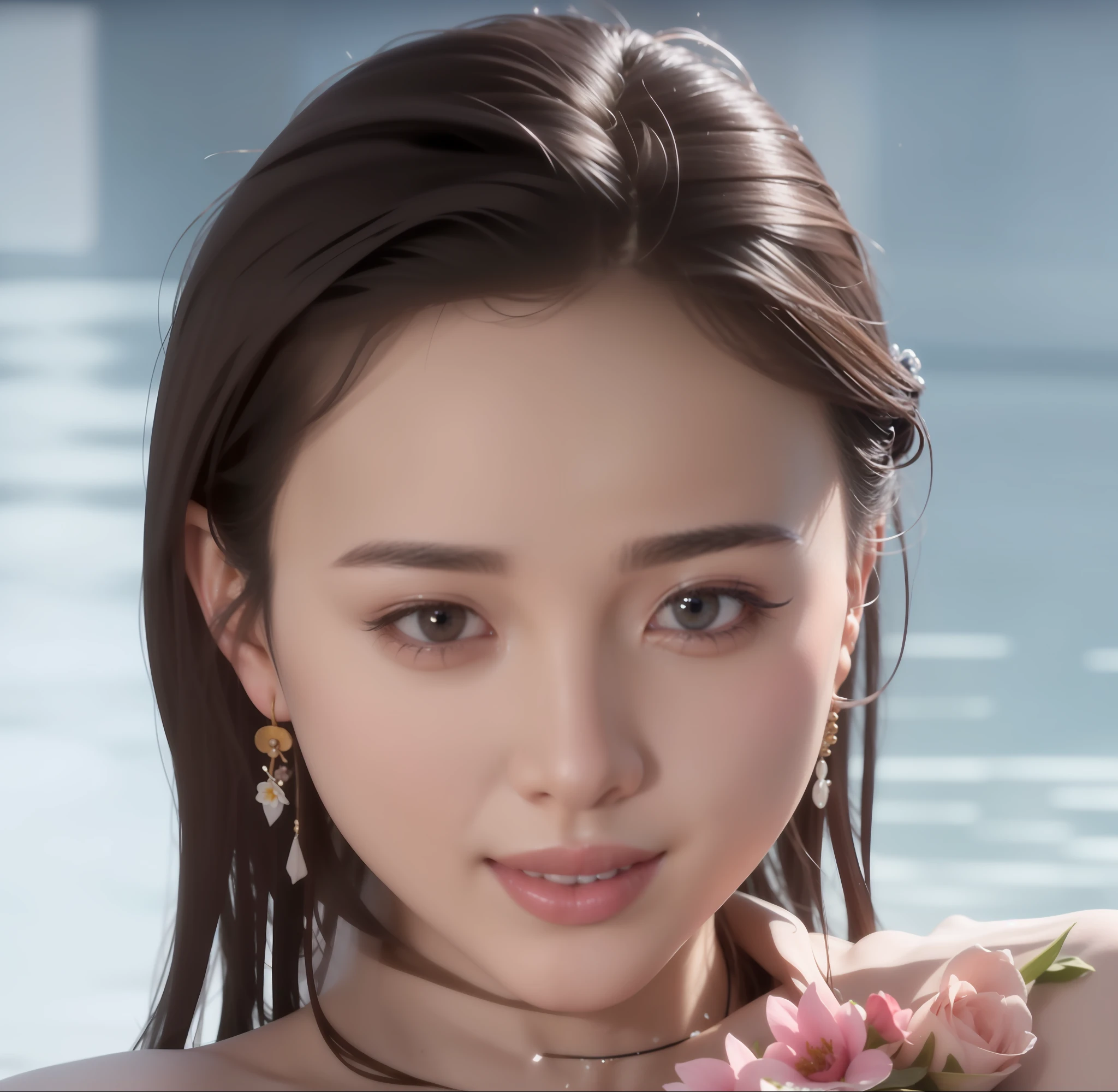 there is a woman that is standing in the water with flowers, yanjun chengt, chengyou liu, 奈良美智, xintong chen, wenfei ye, li zixin, qifeng lin, yun ling, jingna zhang, wenjun lin, guweiz, lei min, queen of the sea mu yanling, 8k, realistic, super detail