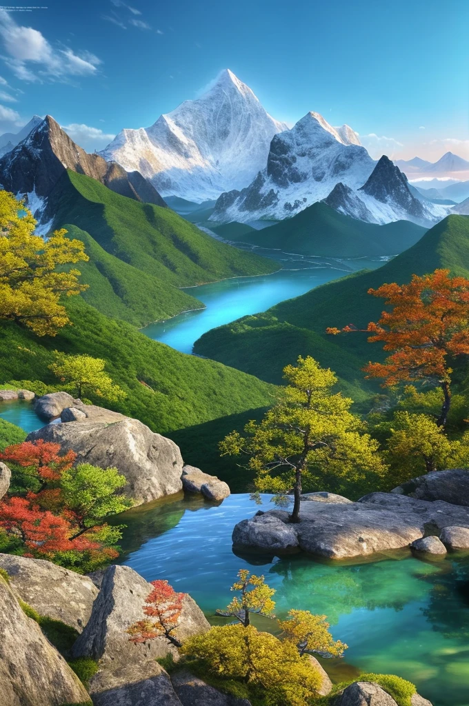a beautiful korean mountain with lake, (masterpiece), (portrait), (raw photo), (extremely detailed CG unity 8k wallpaper) Intricate, Sharp focus, dramatic, photorealistic art