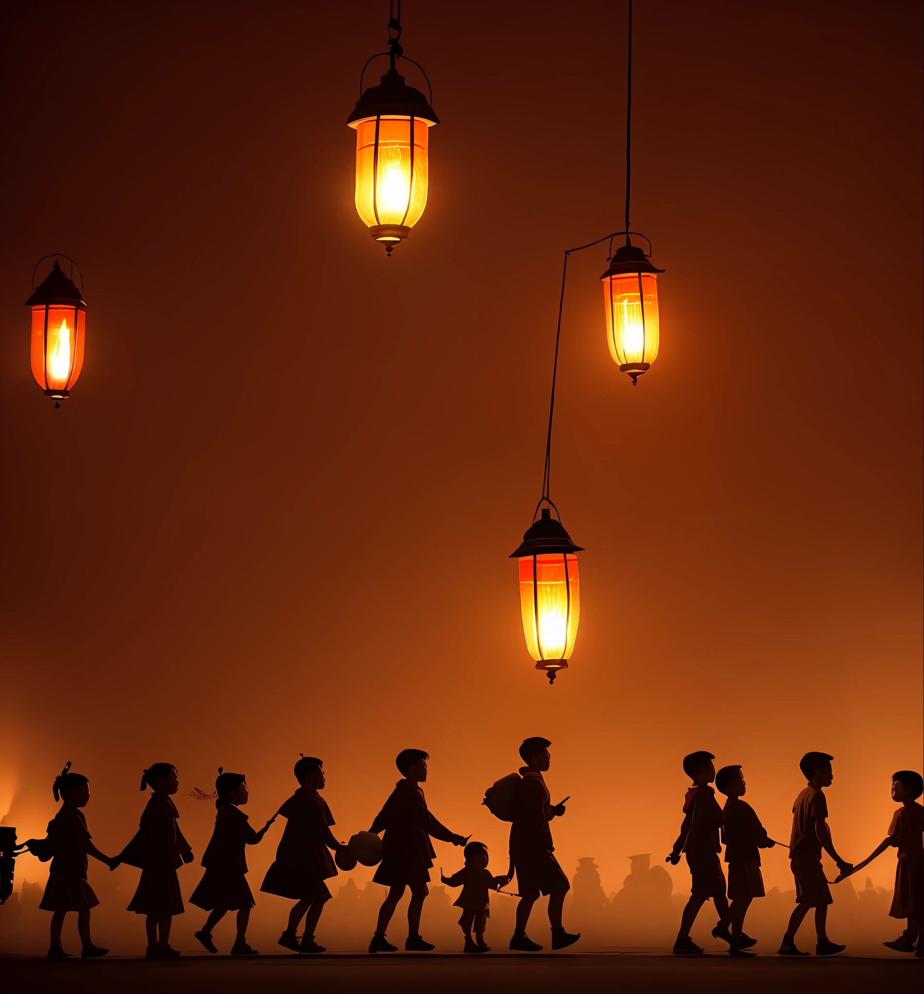 On a red background, there is a paper cutout of a hand holding an old-fashioned kerosene lamp, inside the lampshade are communist hammers and sickles, and children carry and hold lanterns and walk along the road to Tiananmen