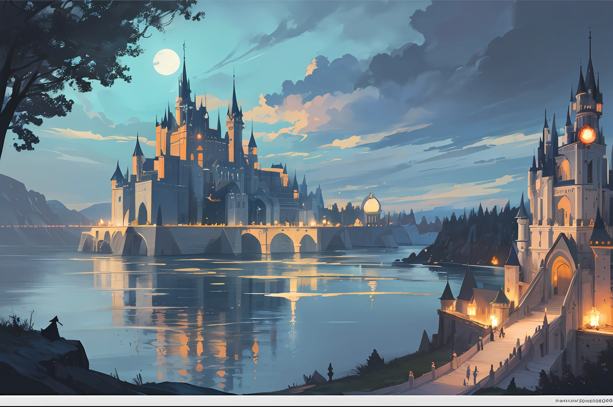 On an island in the middle of the lake there is a castle, Black Lake. Owls fly in the sky, night, full moon. , concept art inspired by Andreas Rocha, Polycount contest winner, fantasy art, magical fantasy 2 D concept art, a huge floating castle, fantasy concept art, painting concept art, dark pastel castle background, concept art stunning atmosphere, concept art style, magical concept art, concept art magical highlights. --v6