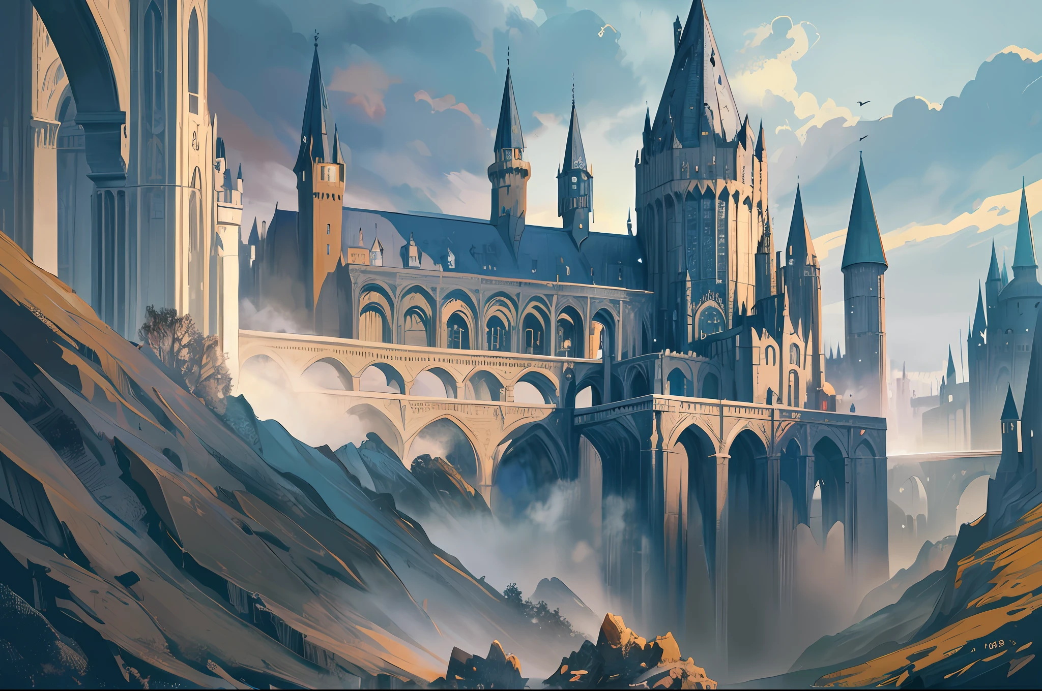 Hogwarts School of Witchcraft and Wizardry, Painting Concept Art, Fantasy Concept Art, Concept Art Stunning Atmosphere, Concept Art Style, Magical Concept Art, Inspired by Andreas Rocha, Concept Art Magical Highlights, Medieval Concept Art, --v6