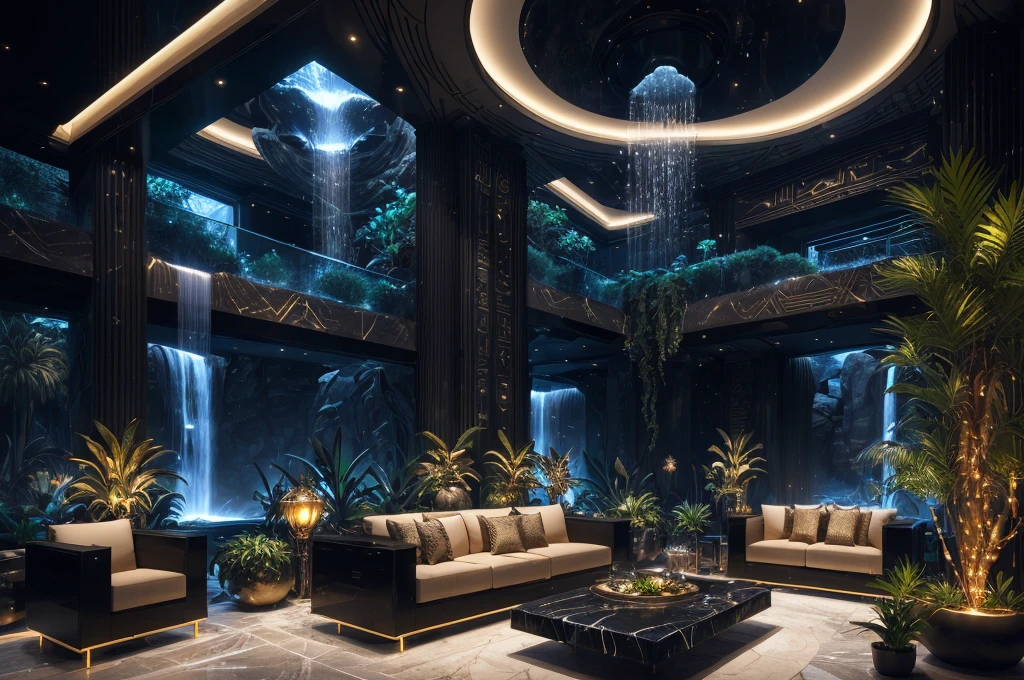 incredible black luxurious futuristic living room interior in Ancient Egyptian style with many (((lush plants))) (lotus flowers), ((palm trees)), ((flowers)), rocky walls, ((sand)), ((waterfalls)) (marble), ((precious minerals)), ((metals)), (gemstones), crystals, clouds and ((water)), (futuristic luxury furniture), (hieroglyphics), ((trees, flowers, plants made out of precious minerals and lights)), (((ultra luxury))), (black marble) – with ((beautiful lights)), Unreal Engine, HQ, 16k