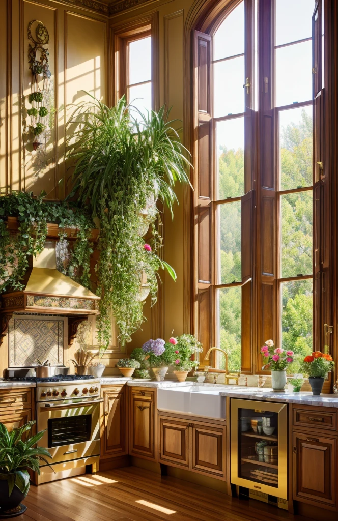 maximalist kitchen with lots of flowers and plants, golden light, award winning masterpiece with incredible details big windows, highly detailed, harper's bazaar art, fashion magazine, smooth, sharp focus, 8k, octane render