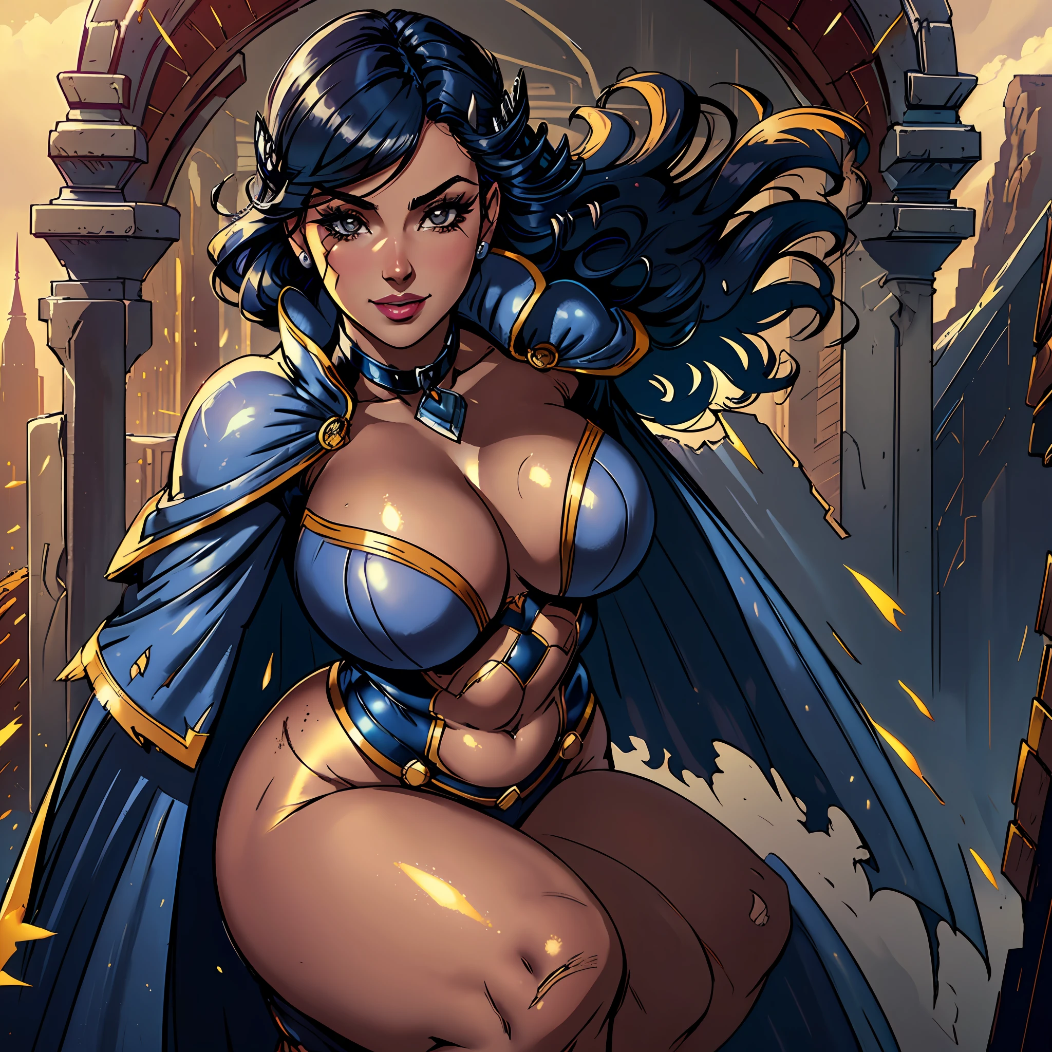 (extremely detailed 8k wallpaper), 1 woman, , (/(large, huge/)_breasts:1.0), hips, knees, (__hair__:1.1), bodysuit, décolleté, (press:0.8), gloves, superhero, superheroine, (muscular:1.1), clothes torn in places and abrasions and bare chest visible, slave collar, hair ornament, hair accessories, (dynamic pose:1.1), floating hair, sfx, windy, cape, comic style, correct perspective, (depth of field:1.2), textures, definite, atmospheric, soft cinematic light, Adobe Lightroom, Photolab, (HDR:1.2), high-detailed, cinematic, dramatic light, (intricate details:1.1), epic, (corneo_runny_makeup:1.0), (smile:1.0), (looking at the viewer:1.1), (plump lips:0.9), bimbo, (eyelashes:1.2),