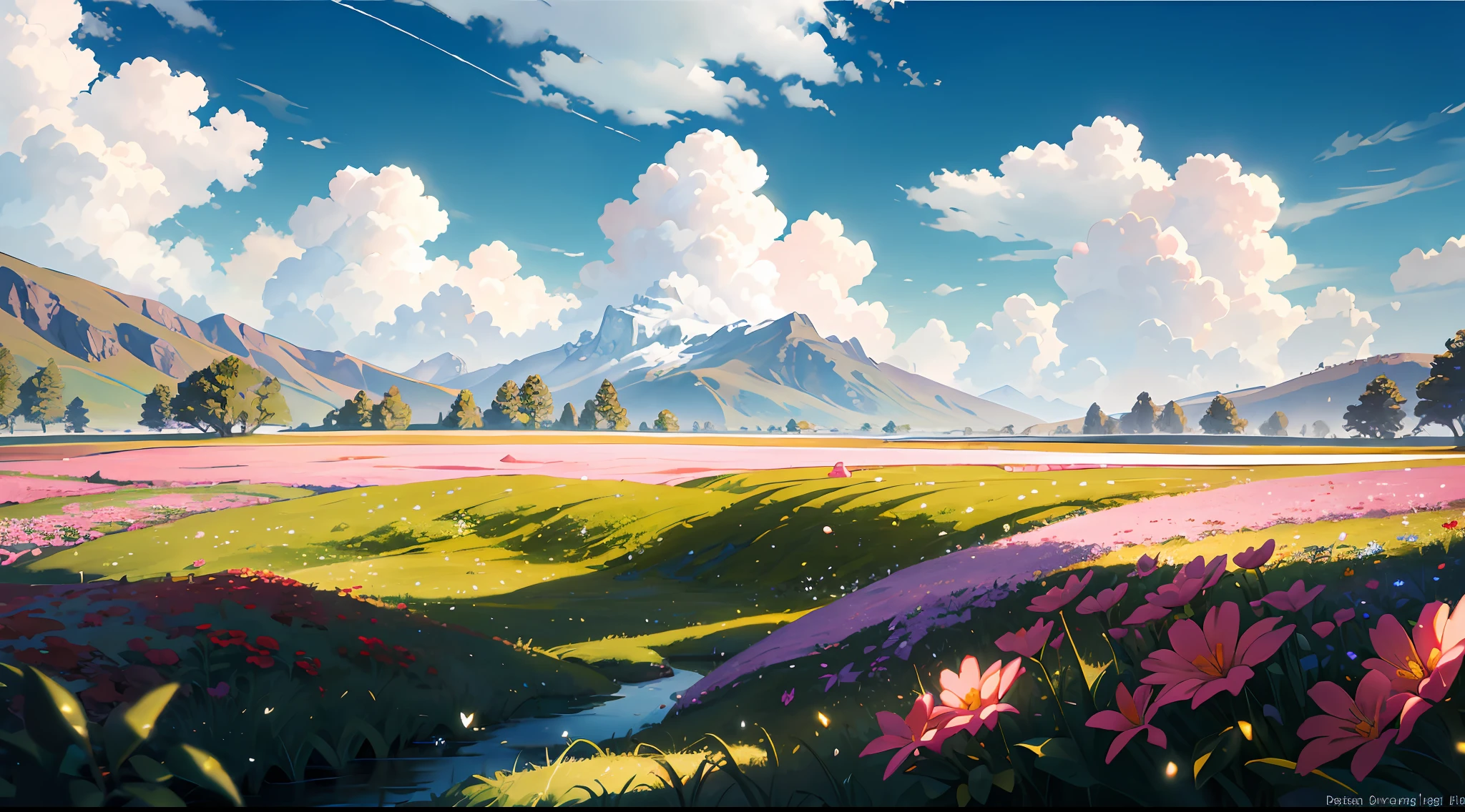 Summer, meadows, few small flowers, clear lakes, paradise, large clouds, blue sky, hot weather, HD detail, hyper-detail, cinematic, surrealism, soft light, deep field focus bokeh, distant snowy mountains, ray tracing, and surrealism. --v6