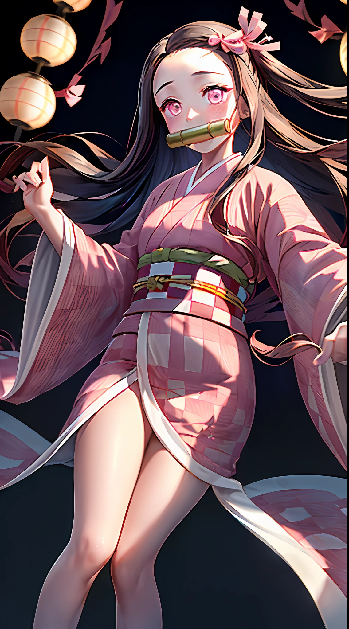 Masterpiece, best quality, high resolution, venus1, 1girl, solo, kamato nezuko, bamboo, brown hair, (((pink ribbon)) checkered belt, gag, gag, gradient hair, haori, japanese clothes, kimono, long hair, looking at the audience, pink eyes, pink kimono, pink ribbon, solo, full body