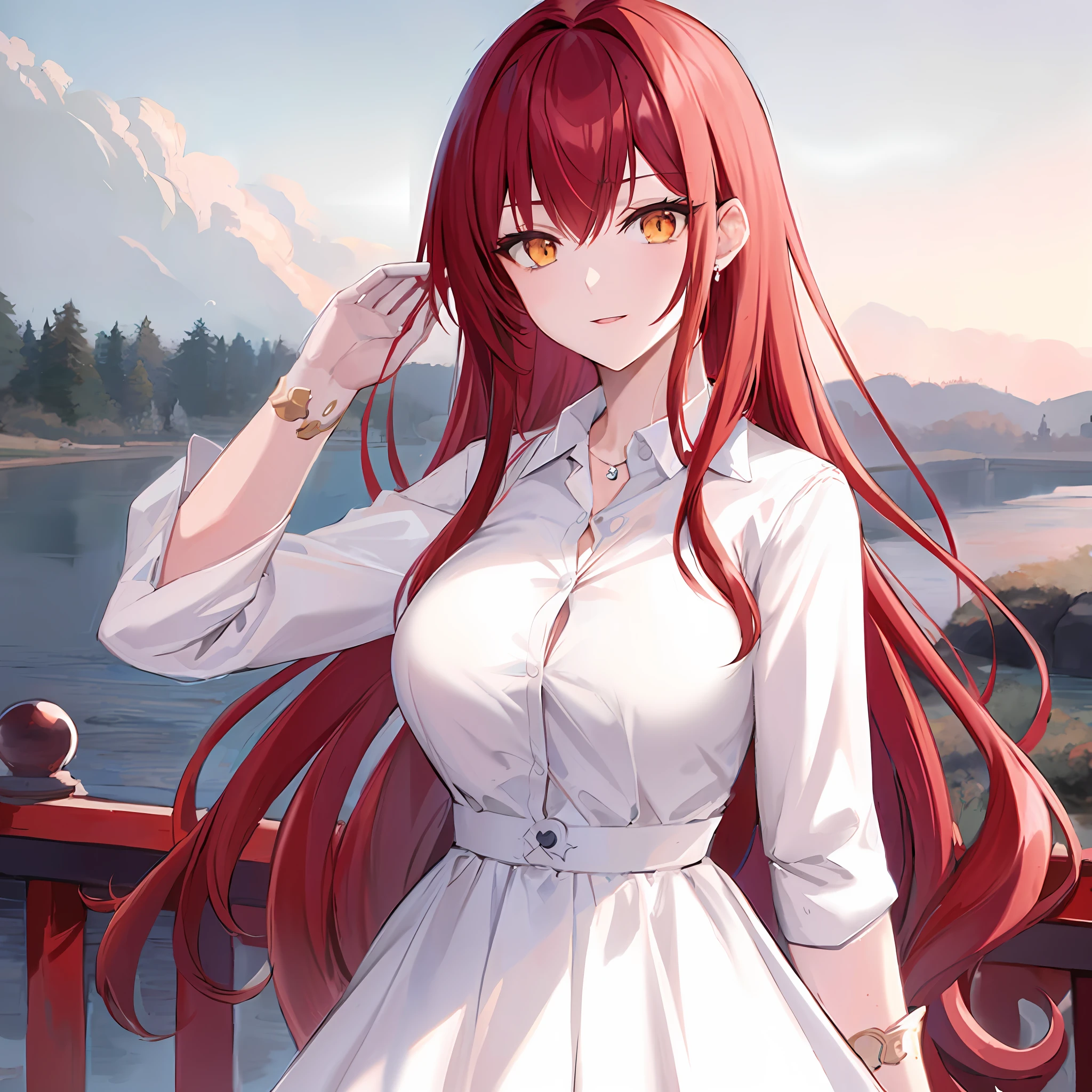 anime girl with long red hair and white dress standing on a bridge, rias gremory, anime girl with long hair, marin kitagawa fanart, realistic anime artstyle, detailed digital anime art, beautiful anime girl, high quality anime artstyle, smooth anime cg art, seductive anime girl, beautiful anime portrait, anime moe artstyle, painted in anime painter studio