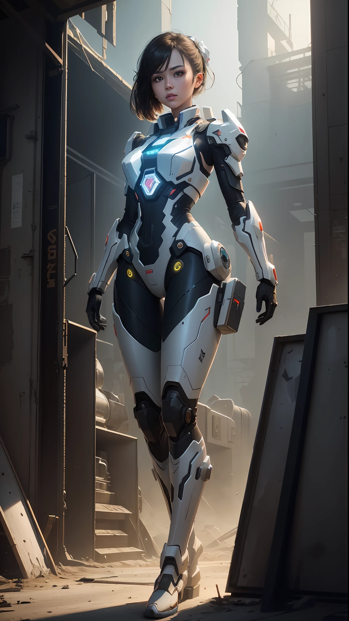 ((Best Quality)), ((Masterpiece)), (Very detailed:1.3), 3D, Shitu-mecha, Beautiful cyberpunk woman with her mech in a dilapidated factory building, futuristic technology, HDR (High Dynamic Range), ray tracing, NVIDIA RTX, Super Resolution, Unreal 5, Subsurface scattering, PBR textures, Post-processing, Anisotropic filtering, Depth of field, Maximum sharpness and sharpness, Multi-layer textures, Albedo and highlight maps, Surface shading, Accurate simulation of light-material interactions, perfect proportions, octane rendering, duotone lighting, low ISO, white balance, rule of thirds, wide aperture, 8K RAW, efficient sub-pixels, subpixel convolution, luminescent particles, light scattering, Tyndall effect