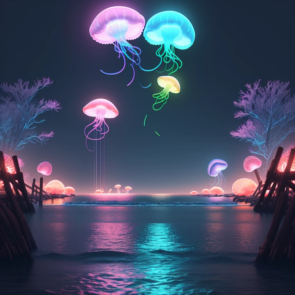neon jellyfish swimming, jellyfish, dark sea, neon beautiful jellyfish, 3D render, Red Dead Redemption 2 asset, high detailed 3D asset, national geographic, documentary, extremely detailed, 4k