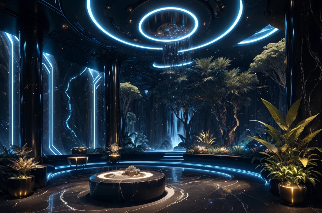 incredible black luxurious futuristic interior in Ancient Egyptian style with many (((lush plants))) (lotus flowers), ((palm trees)), ((flowers)), rocky walls, ((sand)), ((waterfalls)) (marble), ((precious minerals)), ((metals)), (gemstones), crystals, clouds and ((water)), ((futuristic luxury furniture)), (hieroglyphics), ((trees, flowers, plants made out of precious minerals and lights)), (((ultra luxury))), (black marble) – with ((beautiful lights)), Unreal Engine, HQ, 16k
