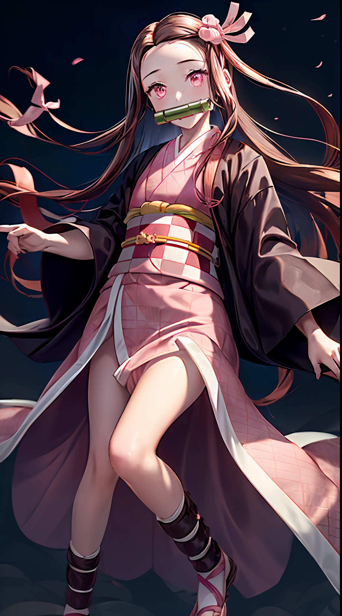 Masterpiece, best quality, high resolution, venus1, 1girl, solo, kamato nezuko, bamboo, brown hair, (((pink ribbon)) checkered belt, gag, gag, gradient hair, haori, japanese clothes, kimono, long hair, looking at the audience, pink eyes, pink kimono, pink ribbon, solo, full body