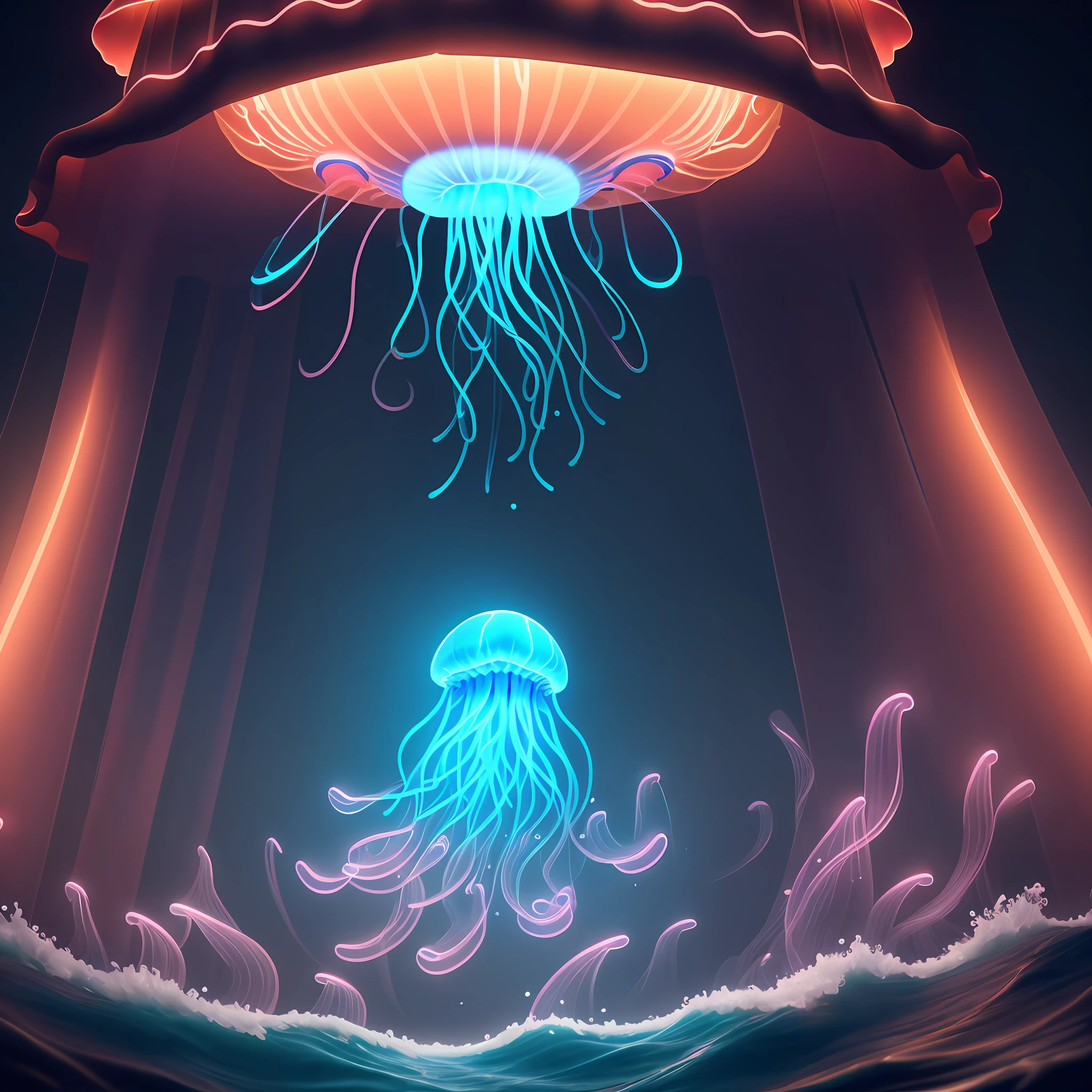 neon jellyfish swimming, jellyfish, dark sea, neon beautiful jellyfish, 3D render, Red Dead Redemption 2 asset, high detailed 3D asset, national geographic, documentary, extremely detailed, 4k