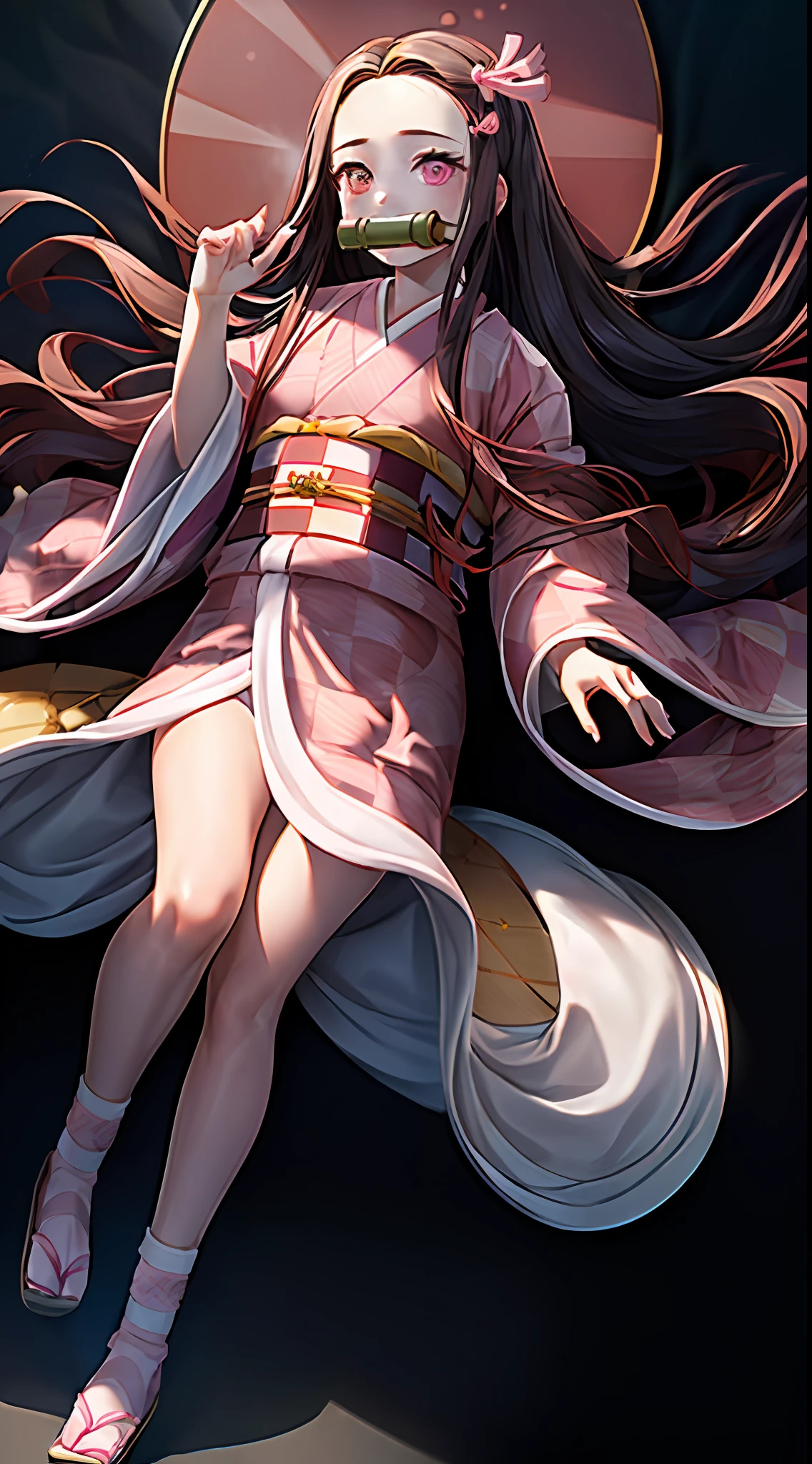 Masterpiece, best quality, high resolution, venus1, 1girl, solo, kamato nezuko, bamboo, brown hair, (((pink ribbon)) checkered belt, gag, gag, gradient hair, haori, japanese clothes, kimono, long hair, looking at the audience, pink eyes, pink kimono, pink ribbon, solo, full body