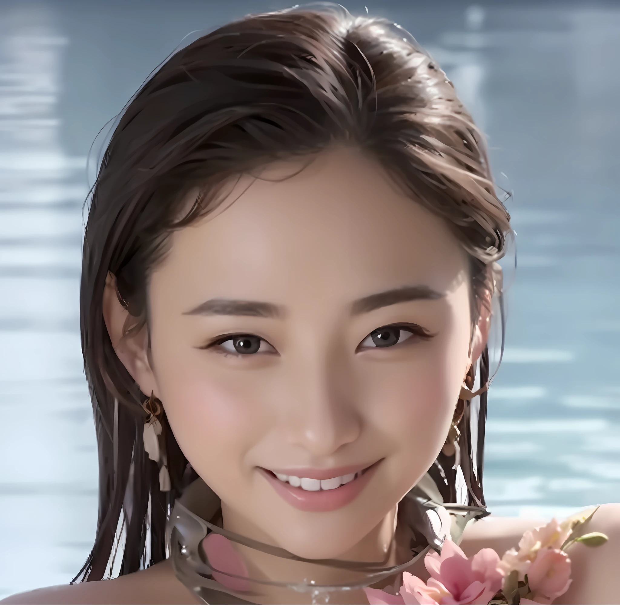 there is a woman that is standing in the water with flowers, yanjun chengt, chengyou liu, 奈良美智, xintong chen, wenfei ye, li zixin, qifeng lin, yun ling, jingna zhang, wenjun lin, guweiz, lei min, queen of the sea mu yanling, smilling, 8k, realistic, happy, look fun