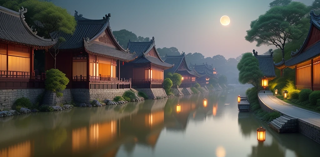 As a photographer, I would like to capture the intricate details of the serene moonlight, the tranquil waterways of the Jiangnan region, the picturesque water routes, the exquisite Anhui-style architecture, the enchanting lighting, and the grandiose panoramic views.