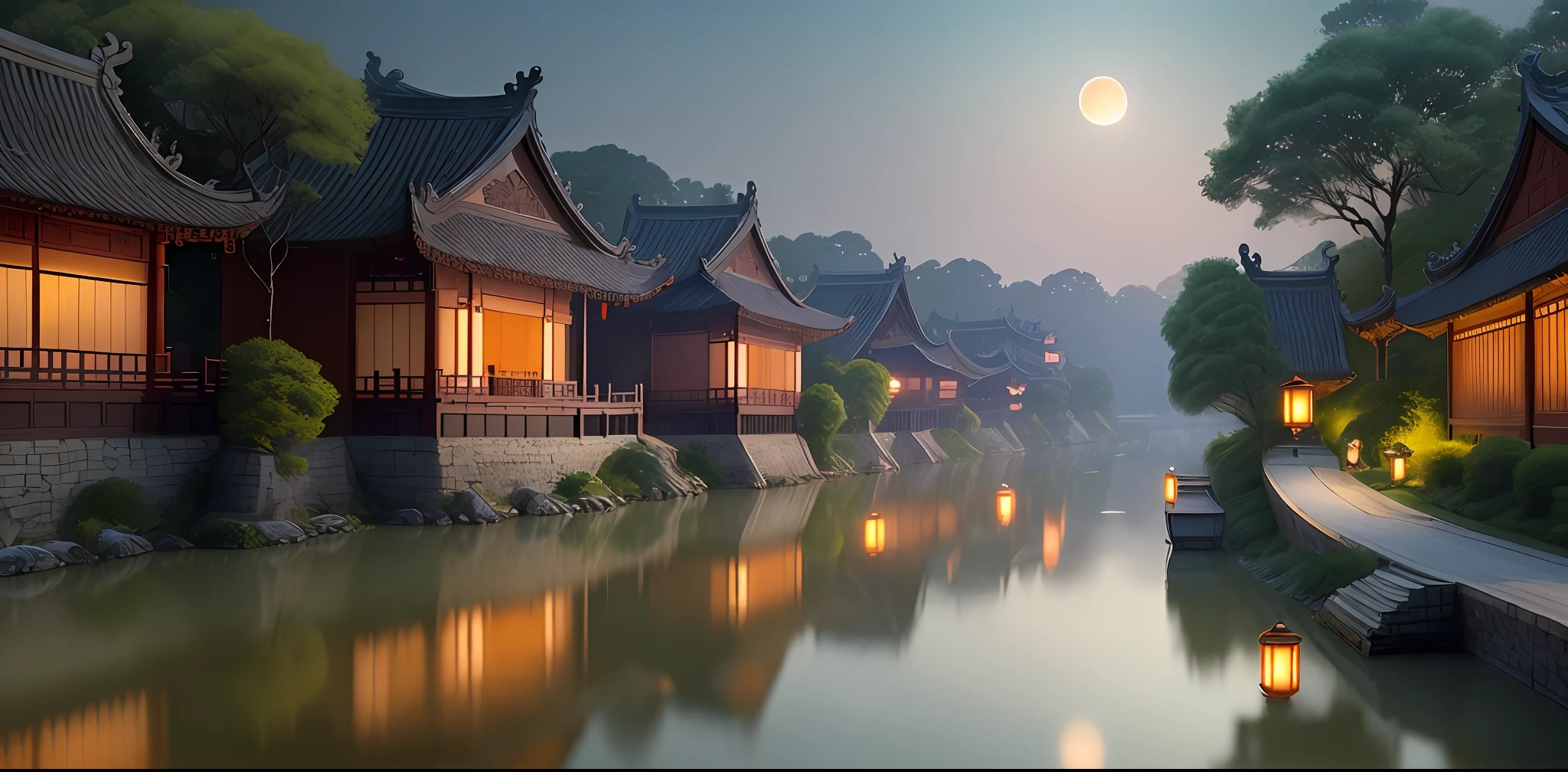 As a photographer, I would like to capture the intricate details of the serene moonlight, the tranquil waterways of the Jiangnan region, the picturesque water routes, the exquisite Anhui-style architecture, the enchanting lighting, and the grandiose panoramic views.