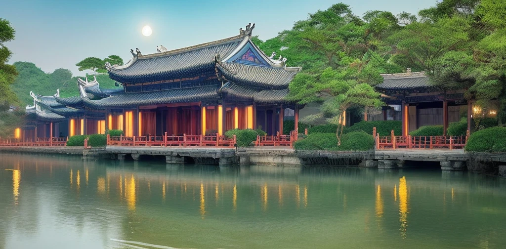 As a photographer, I would like to capture the intricate details of the serene moonlight, the tranquil waterways of the Jiangnan region, the picturesque water routes, the exquisite Anhui-style architecture, the enchanting lighting, and the grandiose panoramic views.