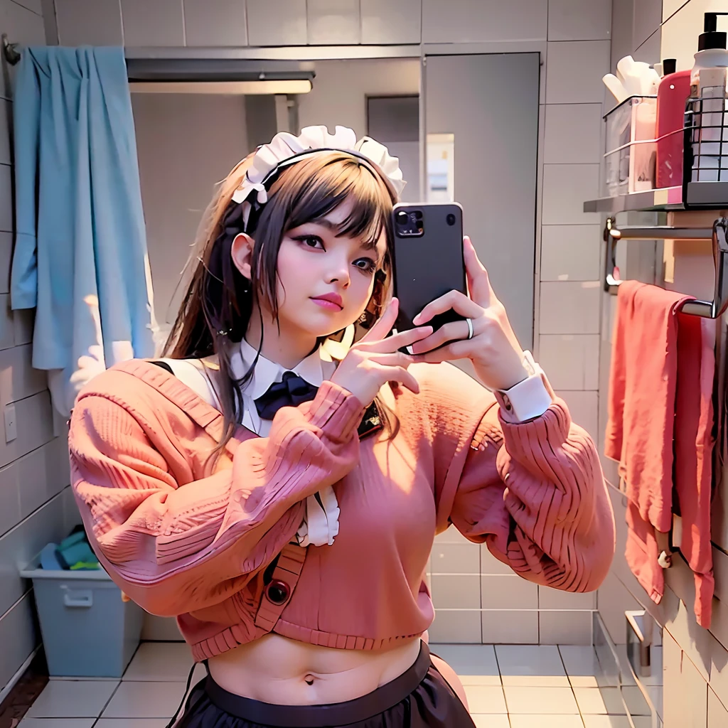 Anime girl taking photos in bathroom, selfie, maid costume, digital anime, guvez style, artwork level, safety rating (SFW), cute, heavy body (thicc), realistic style portrait photo, surreal student, digital anime art.